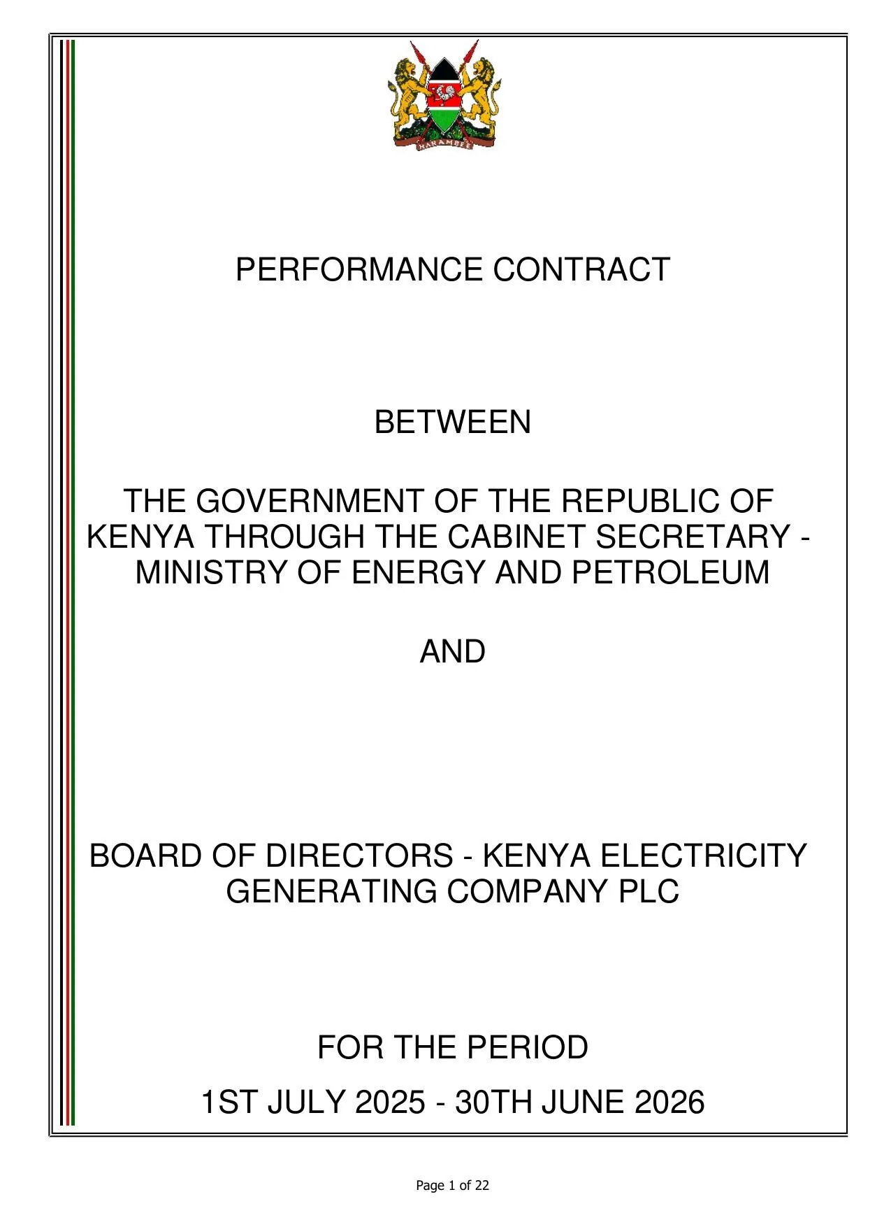 Cover page: Performance Contract, Kenya Electricity Generating Company PLC (KenGen)