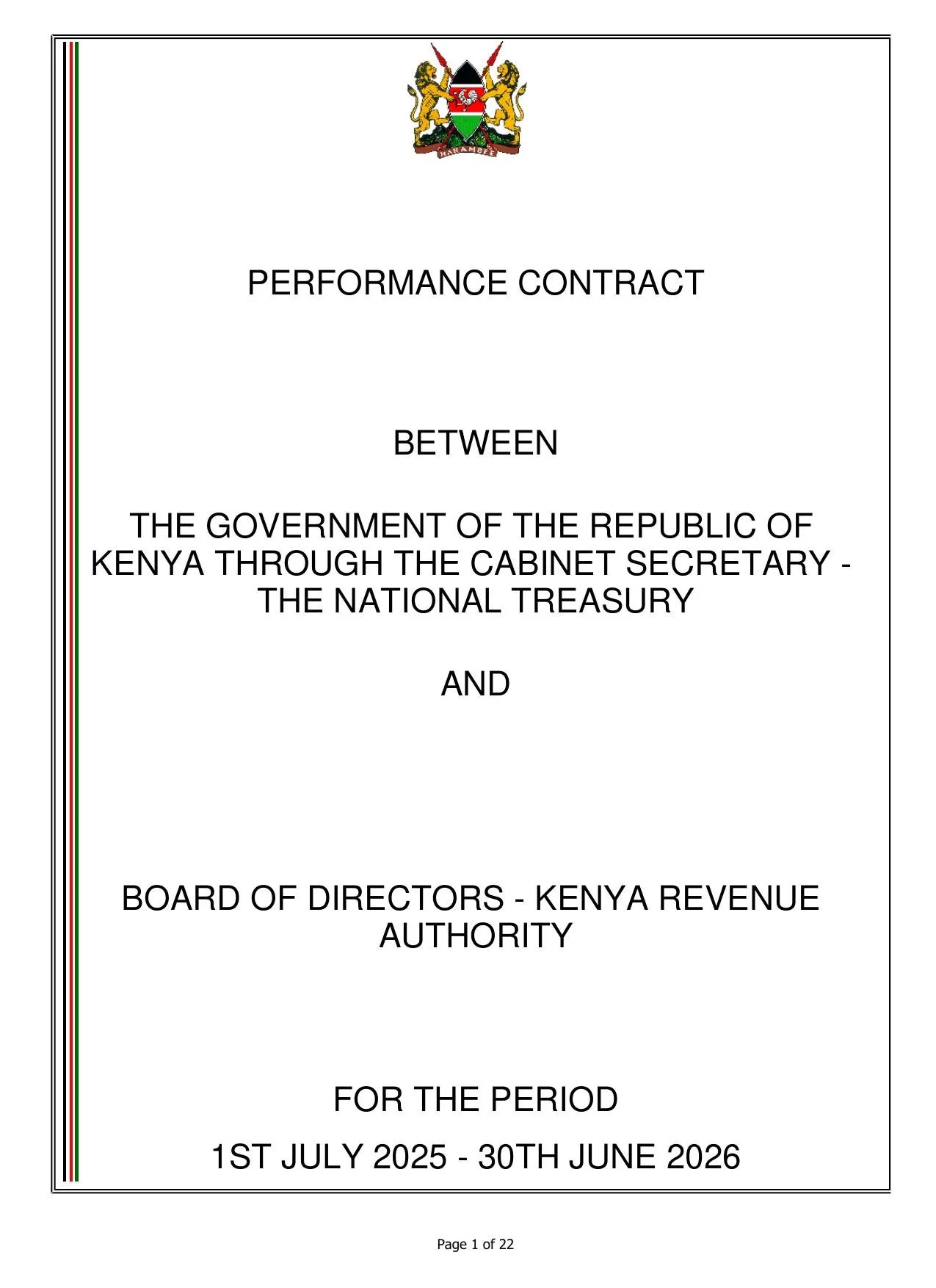 Cover page: Performance Contract, Kenya Revenue Authority (KRA)