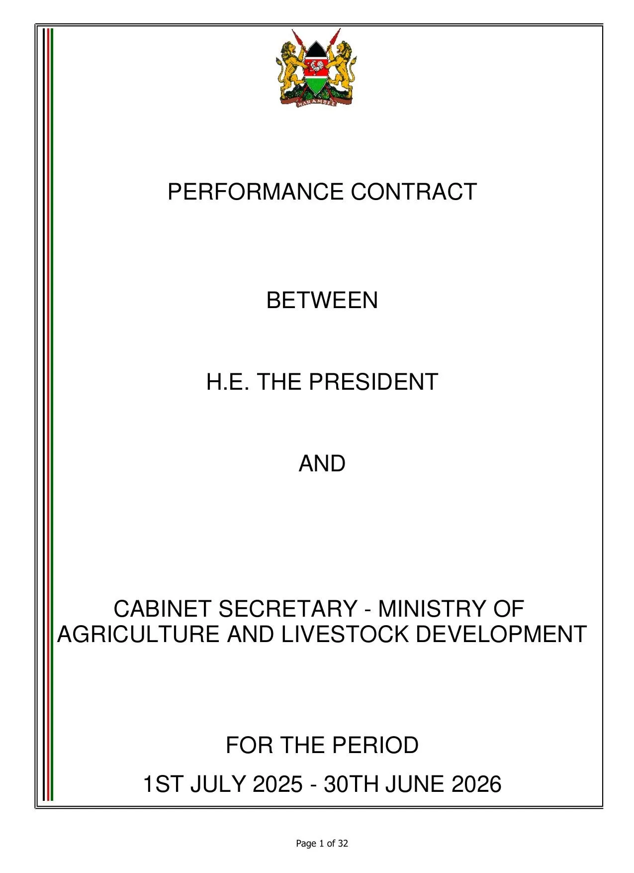 Cover page: Performance Contract, Ministry of Agriculture and Livestock Development, Kenya