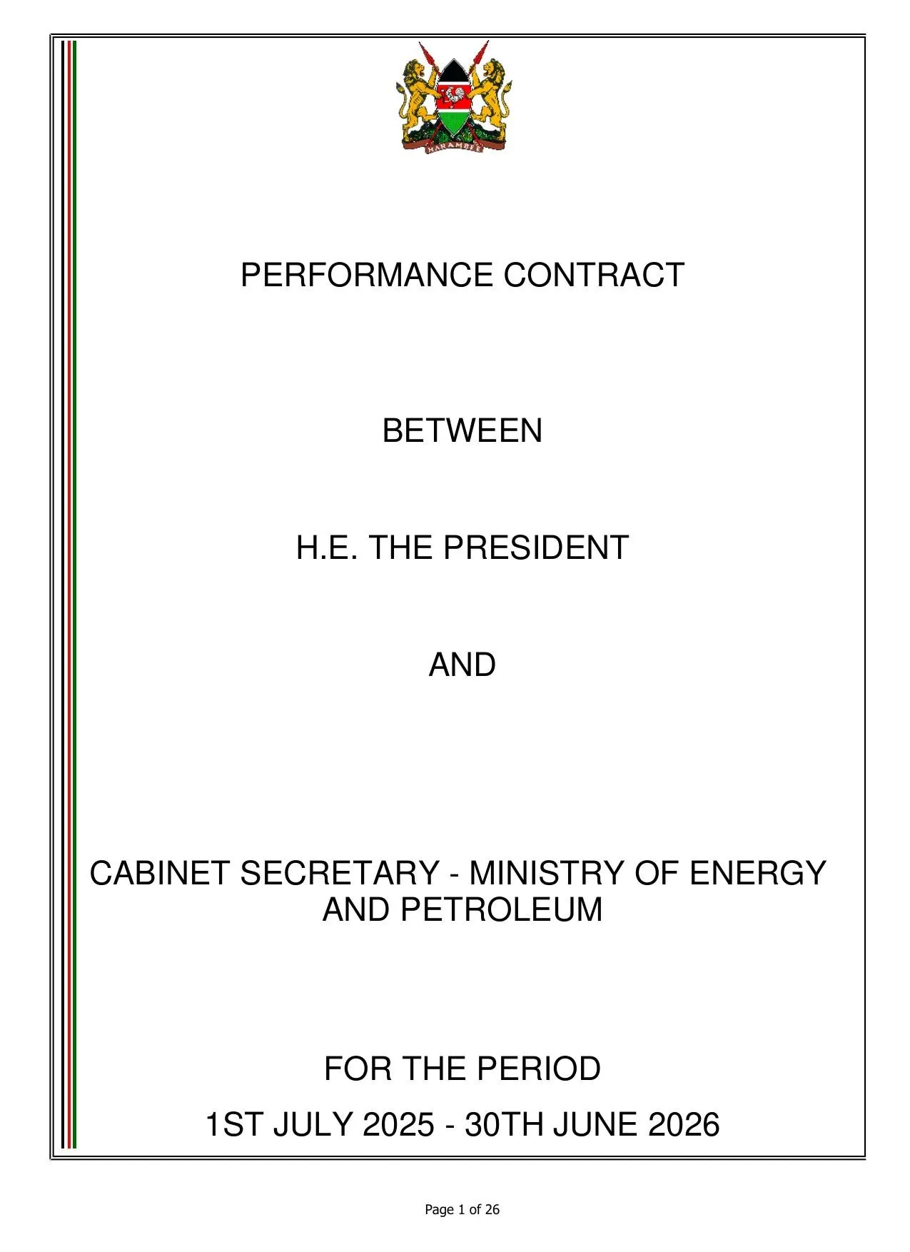 Cover page: Performance Contract, Ministry of Energy and Petroleum, Kenya