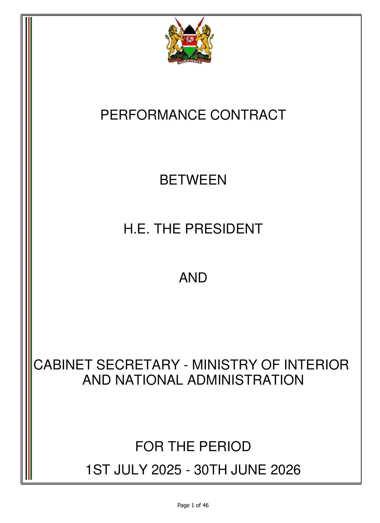 Cover page: Performance Contract, Ministry of Interior and National Administration, Kenya